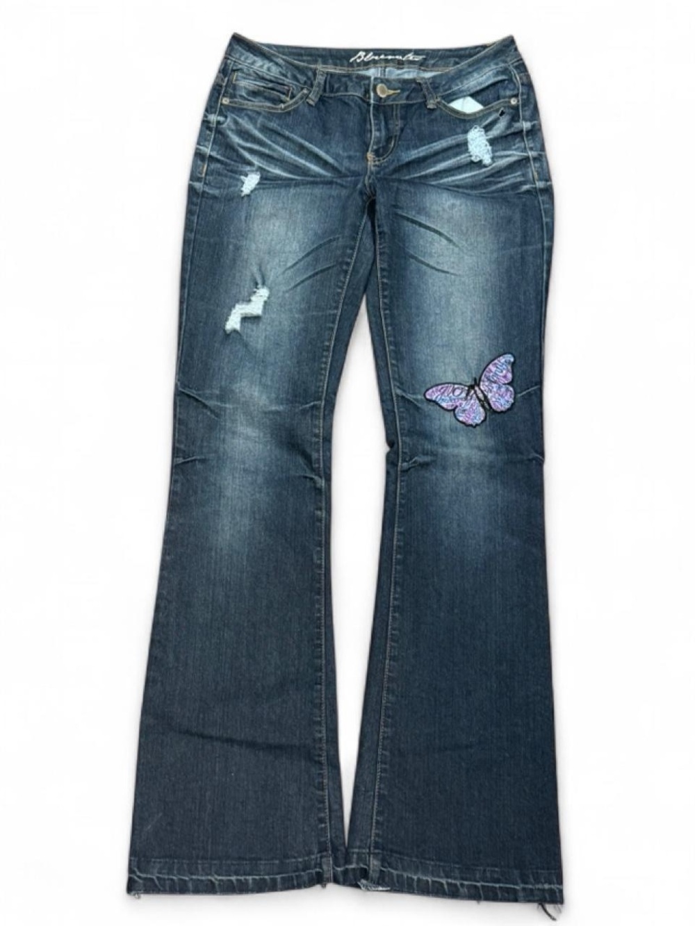 Y2K Bluenotes Butterfly Patchwork Distressed Low Rise Bootcut Jeans
